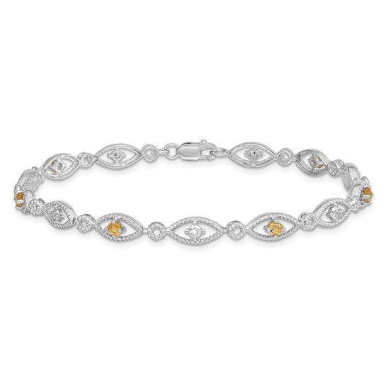 White Gold Plated Sterling Silver Natural Citrine & Diamond Bracelet