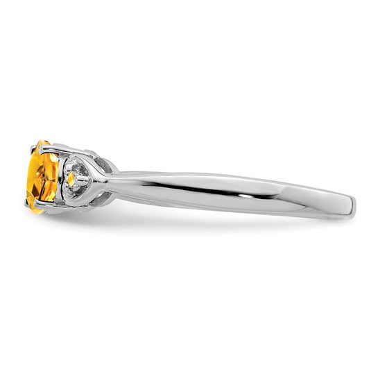 Sterling Silver White Gold Plated Natural Citrine & Diamond Solitaire & Heart Ring