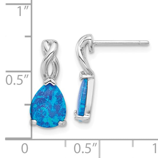 Sterling Silver White Gold Plated Tear Drop Earrings Lab Created Blue Opal