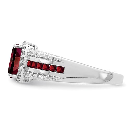 Sterling Silver Rhodium Plated Natural Garnet & White Topaz Center Pave Ring