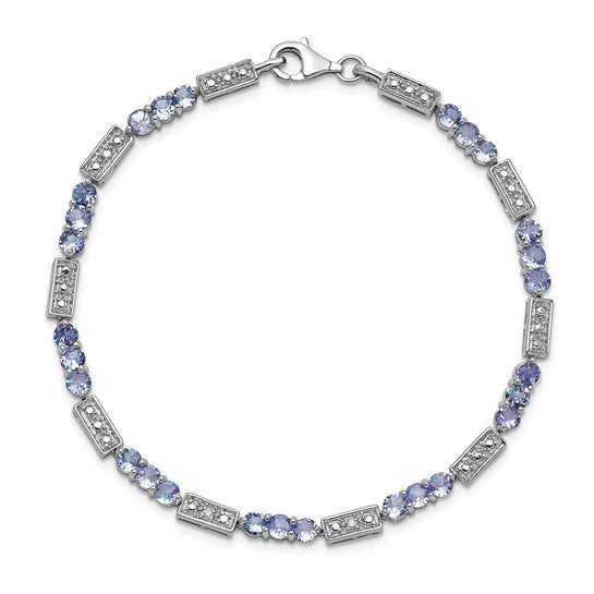 White Gold Filled Sterling Silver Natural Tanzanite & Diamond Bar Bracelet