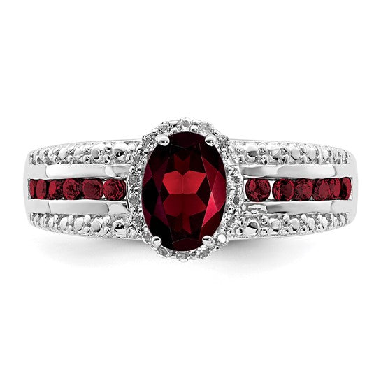 Sterling Silver Rhodium Plated Natural Garnet & White Topaz Center Pave Ring