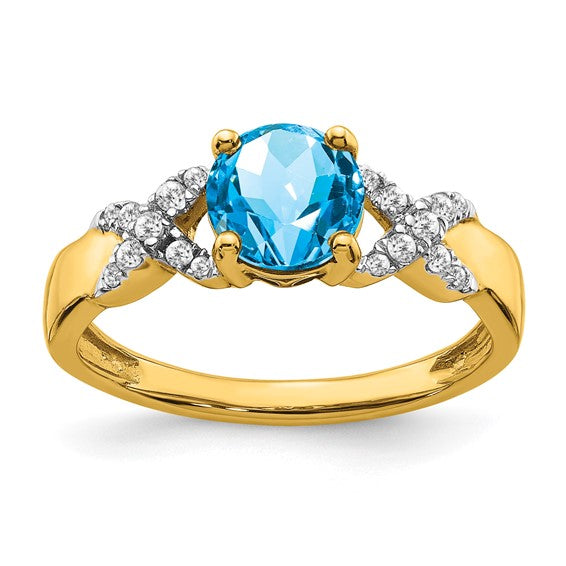 14K Yellow Gold Two Tone XO Blue Topaz & Diamond Ring