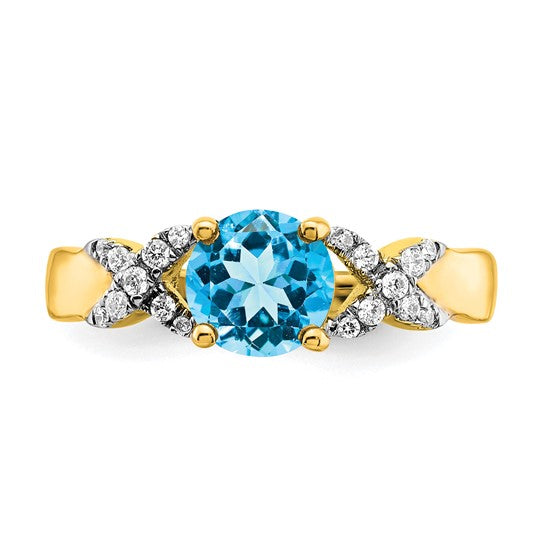 14K Yellow Gold Two Tone XO Blue Topaz & Diamond Ring
