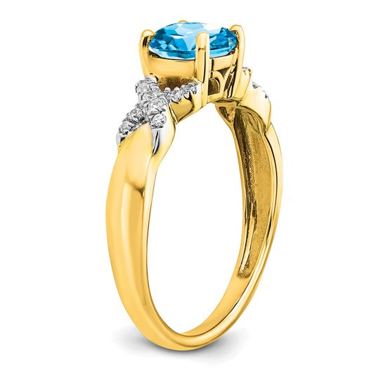 14K Yellow Gold Two Tone XO Blue Topaz & Diamond Ring