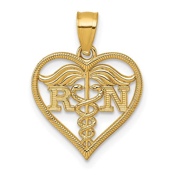14K Yellow Gold Open Heart RN Registered Nurse Pendant