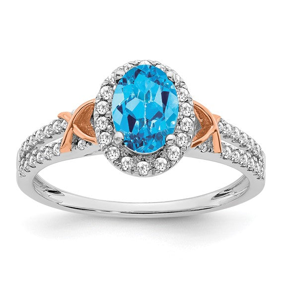 14K White Gold & Rose Gold 1 Carat Natural Blue Topaz & Diamond Halo/Pave Ring