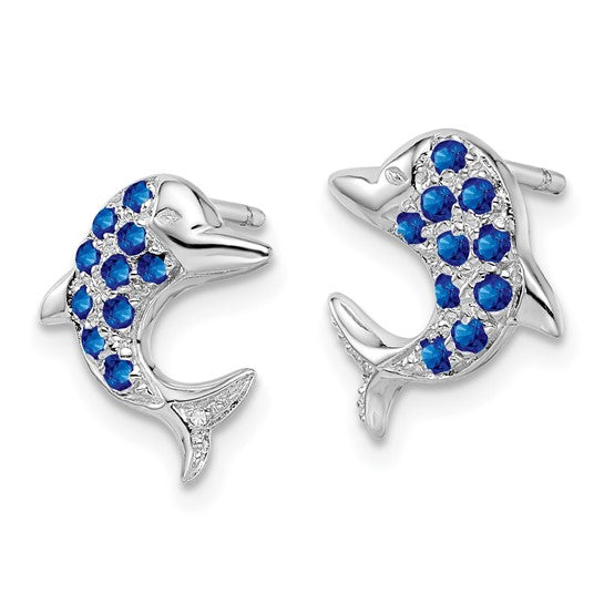 'Sterling Silver Natural Sapphire & Diamond Dolphin Sea Life Earrings