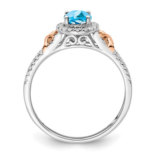 14K White Gold & Rose Gold 1 Carat Natural Blue Topaz & Diamond Halo/Pave Ring