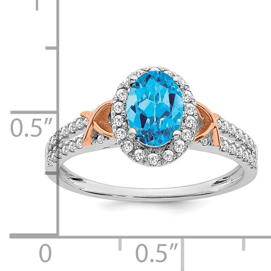 14K White Gold & Rose Gold 1 Carat Natural Blue Topaz & Diamond Halo/Pave Ring