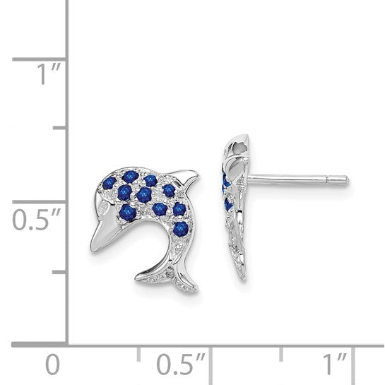 'Sterling Silver Natural Sapphire & Diamond Dolphin Sea Life Earrings