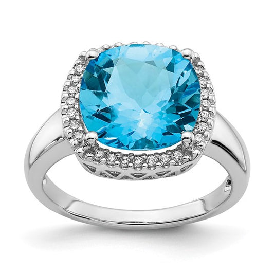 14K White Gold 5 Carat Cushion Blue Topaz Diamond Halo Ring
