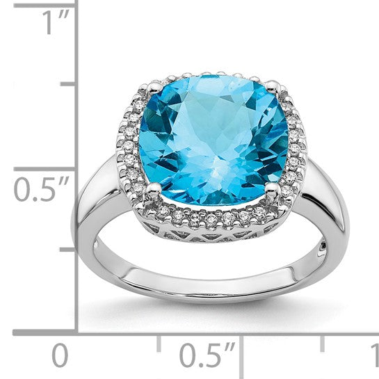 14K White Gold 5 Carat Cushion Blue Topaz Diamond Halo Ring
