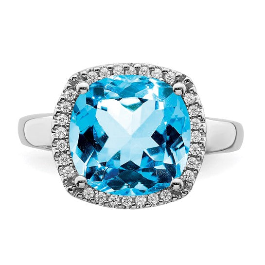 14K White Gold 5 Carat Cushion Blue Topaz Diamond Halo Ring
