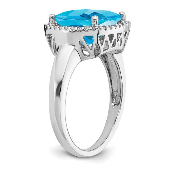 14K White Gold 5 Carat Cushion Blue Topaz Diamond Halo Ring