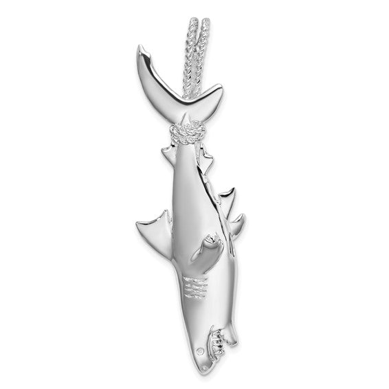 Sterling Silver Rhodium Plated Shark Hanging From Rope Pendant