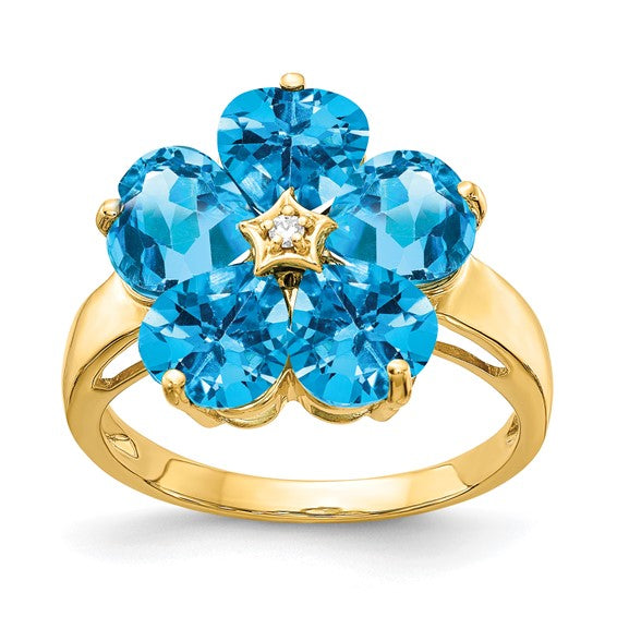 14K Yellow Gold Natural 5 Carat Blue Topaz & Diamond Flower Ring