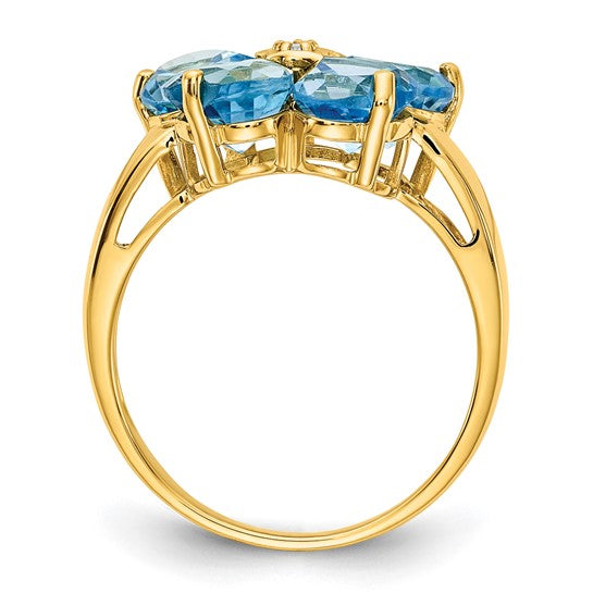 14K Yellow Gold Natural 5 Carat Blue Topaz & Diamond Flower Ring