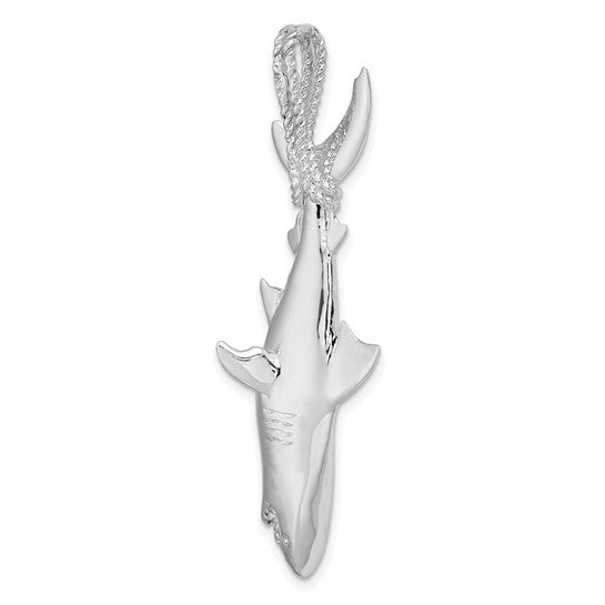 Sterling Silver Rhodium Plated Shark Hanging From Rope Pendant