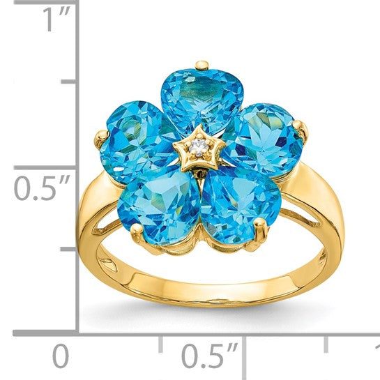 14K Yellow Gold Natural 5 Carat Blue Topaz & Diamond Flower Ring