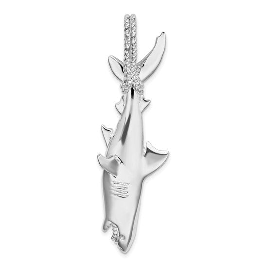 Sterling Silver Rhodium Plated Shark Hanging From Rope Pendant