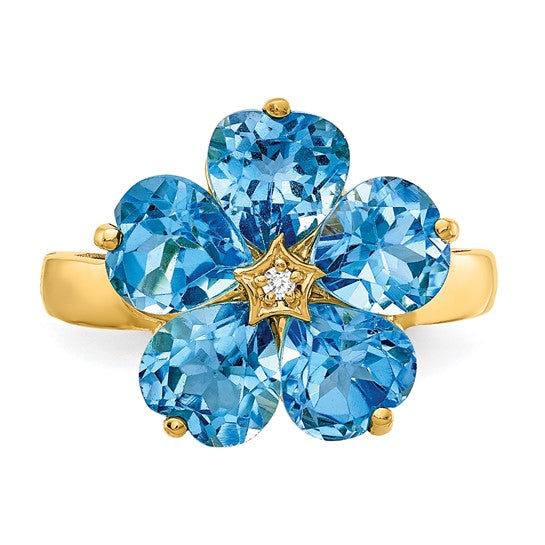 14K Yellow Gold Natural 5 Carat Blue Topaz & Diamond Flower Ring