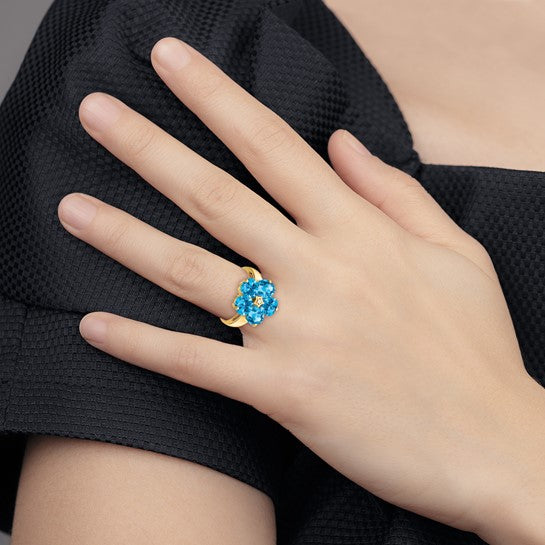14K Yellow Gold Natural 5 Carat Blue Topaz & Diamond Flower Ring