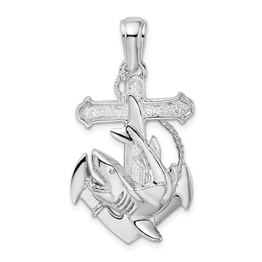 Sterling Silver Rhodium Plated Shark Cross Anchor Nautical Pendant