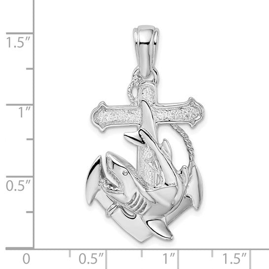 Sterling Silver Rhodium Plated Shark Cross Anchor Nautical Pendant