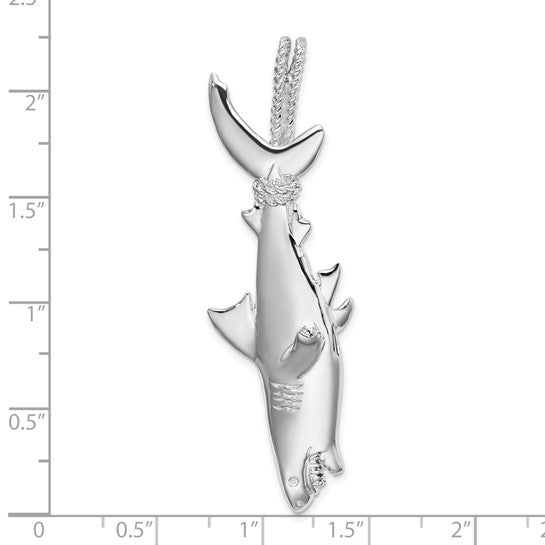 Sterling Silver Rhodium Plated Shark Hanging From Rope Pendant