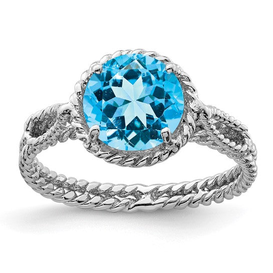 White Gold Filled Sterling Silver Twisted Circle Blue Topaz Ring