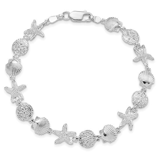 Sterling Silver White Gold Plated Sea Life Sand Dollar/Shell/Starfish Bracelet