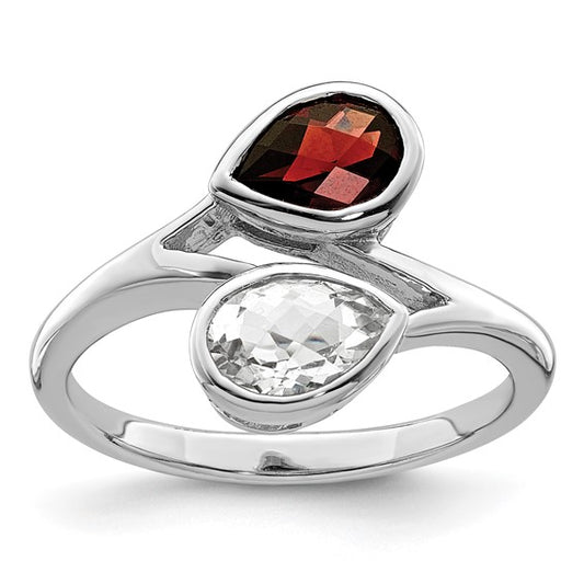 Sterling Silver Rhodium Plated Garnet & White Topaz Bypass Ring