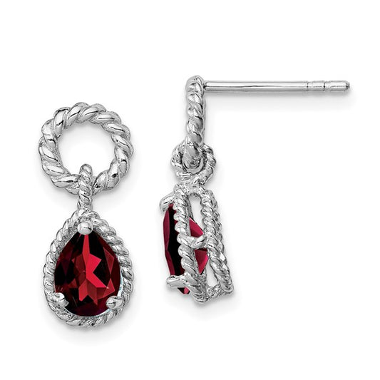 Sterling Silver Rhodium Plated Oval 1 Carat Natural Garnet Twisted Rope Earrings