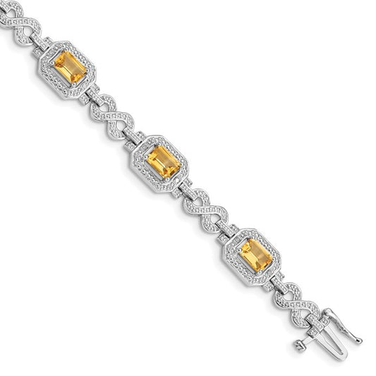 White Gold Plated Sterling Silver Natural Citrine & Diamond Square Stone Halo Bracelet
