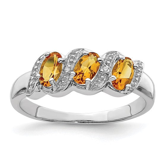 Sterling Silver White Gold Plated Natural Citrine & Diamond 3 Stone Ring