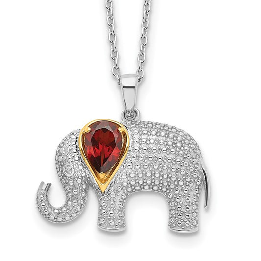 Sterling Silver Two Tone Gold  Natural Garnet Elephant Pendant Necklace