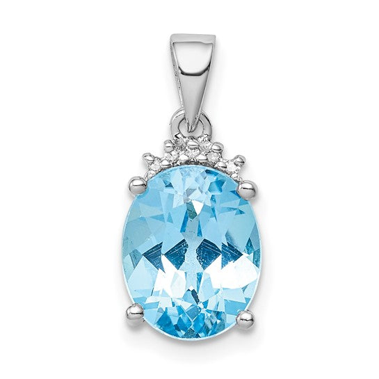 White Gold Filled Sterling Silver Oval Blue Topaz & Diamond Crown Pendant