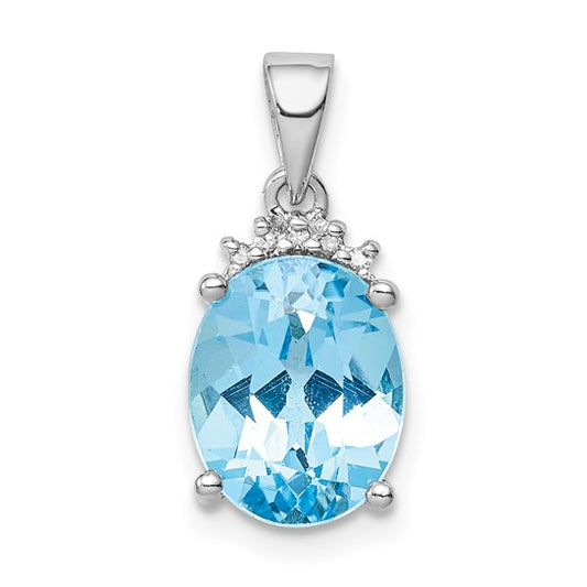 White Gold Filled Sterling Silver Oval Blue Topaz & Diamond Crown Pendant