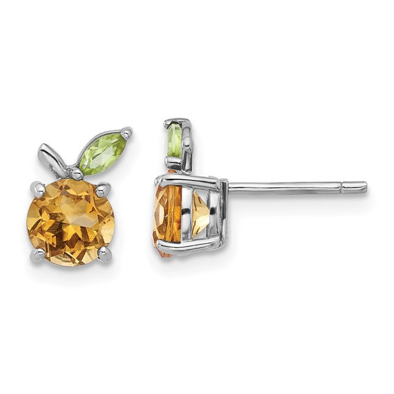 Sterling Silver White Gold Plated Natural Citrine & Peridot Gemstone Fruit Earrings