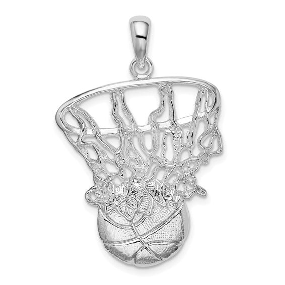 Sterling Silver White Gold Plated Basketball Hoop Pendant