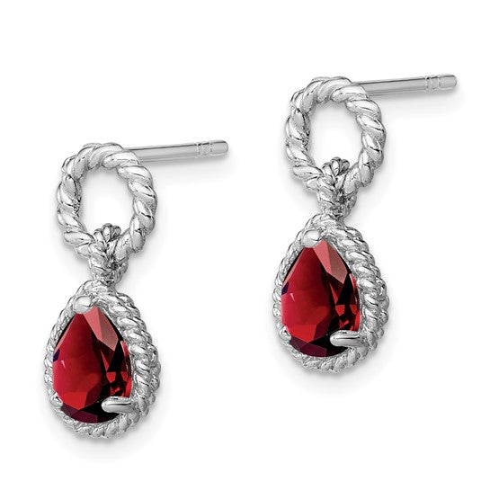 Sterling Silver Rhodium Plated Oval 1 Carat Natural Garnet Twisted Rope Earrings