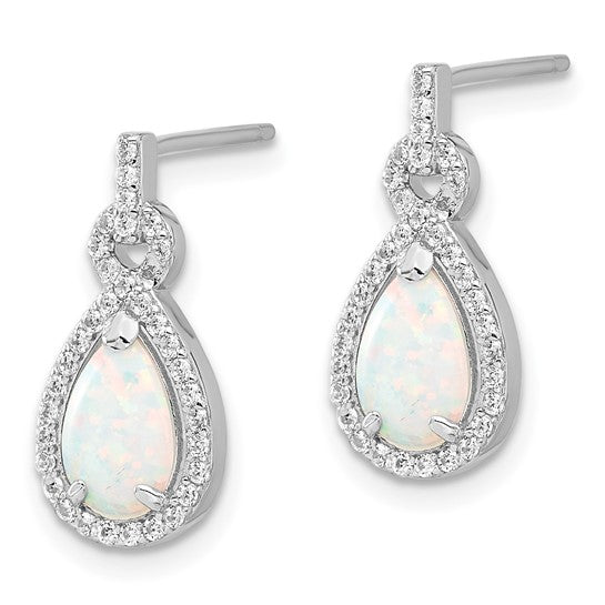 Sterling Silver White Gold Plated Halo cz Tear Drop Lab Created White Opal