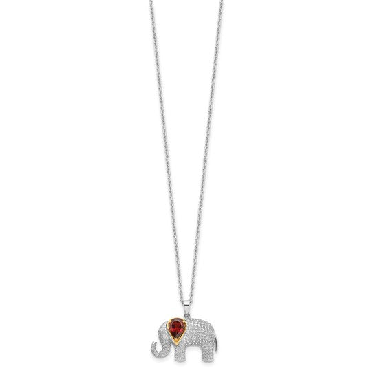Sterling Silver Two Tone Gold  Natural Garnet Elephant Pendant Necklace