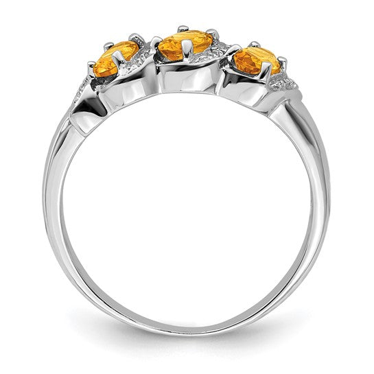 Sterling Silver White Gold Plated Natural Citrine & Diamond 3 Stone Ring