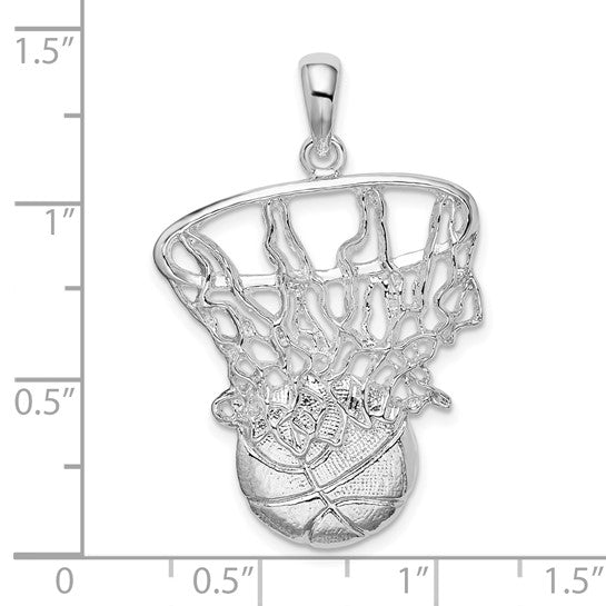 Sterling Silver White Gold Plated Basketball Hoop Pendant