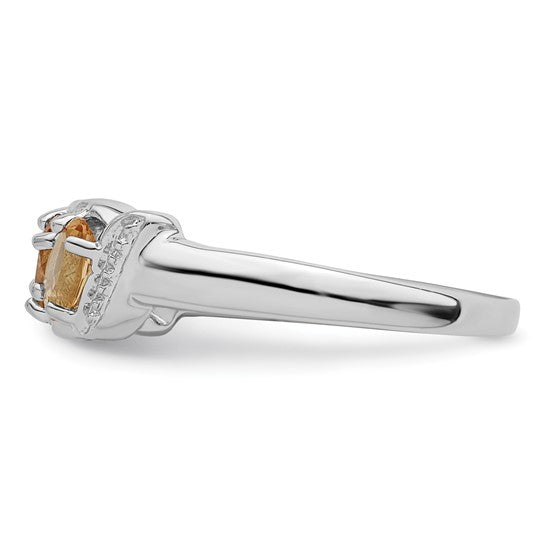Sterling Silver White Gold Plated Natural Citrine & Diamond 3 Stone Ring
