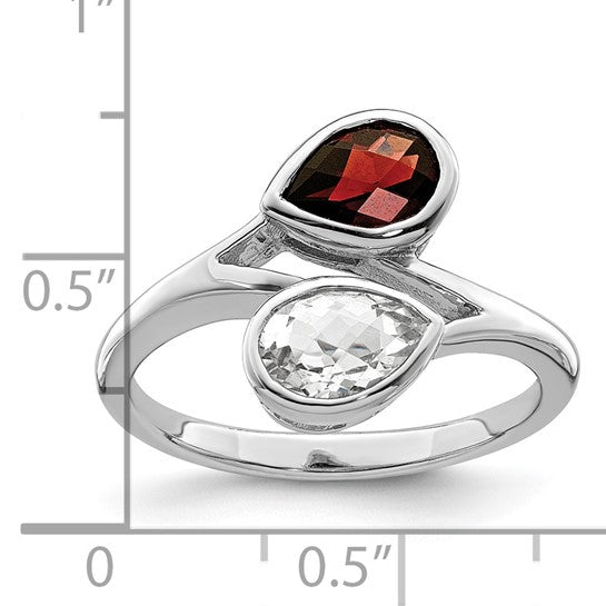 Sterling Silver Rhodium Plated Garnet & White Topaz Bypass Ring