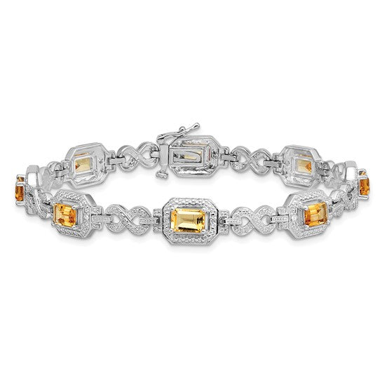 White Gold Plated Sterling Silver Natural Citrine & Diamond Square Stone Halo Bracelet