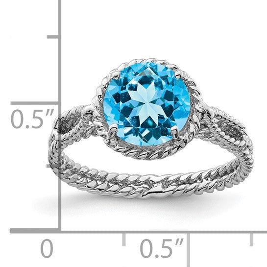 White Gold Filled Sterling Silver Twisted Circle Blue Topaz Ring